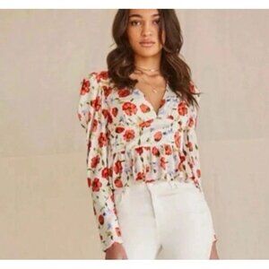 Forever 21 Womens Floral Satin Puff Sleeve Peplum Top Sz L Fairy Feminine